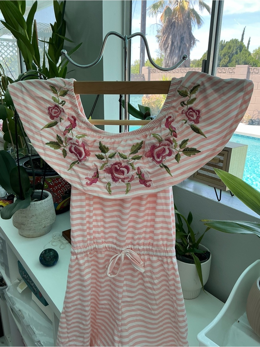 btween Pink and White Striped Ruffle Girl Summer Romper Size 10 - Picture 2 of 6